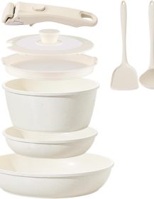 Ceramic Cookware Set Non Stick 8Pcs Pots and Pans Set Detachable Handle Induction Kitchen Cooking Set with Frying Pans Oven Dishwasher Safe, PFAS/PFOA Free, Cream White
