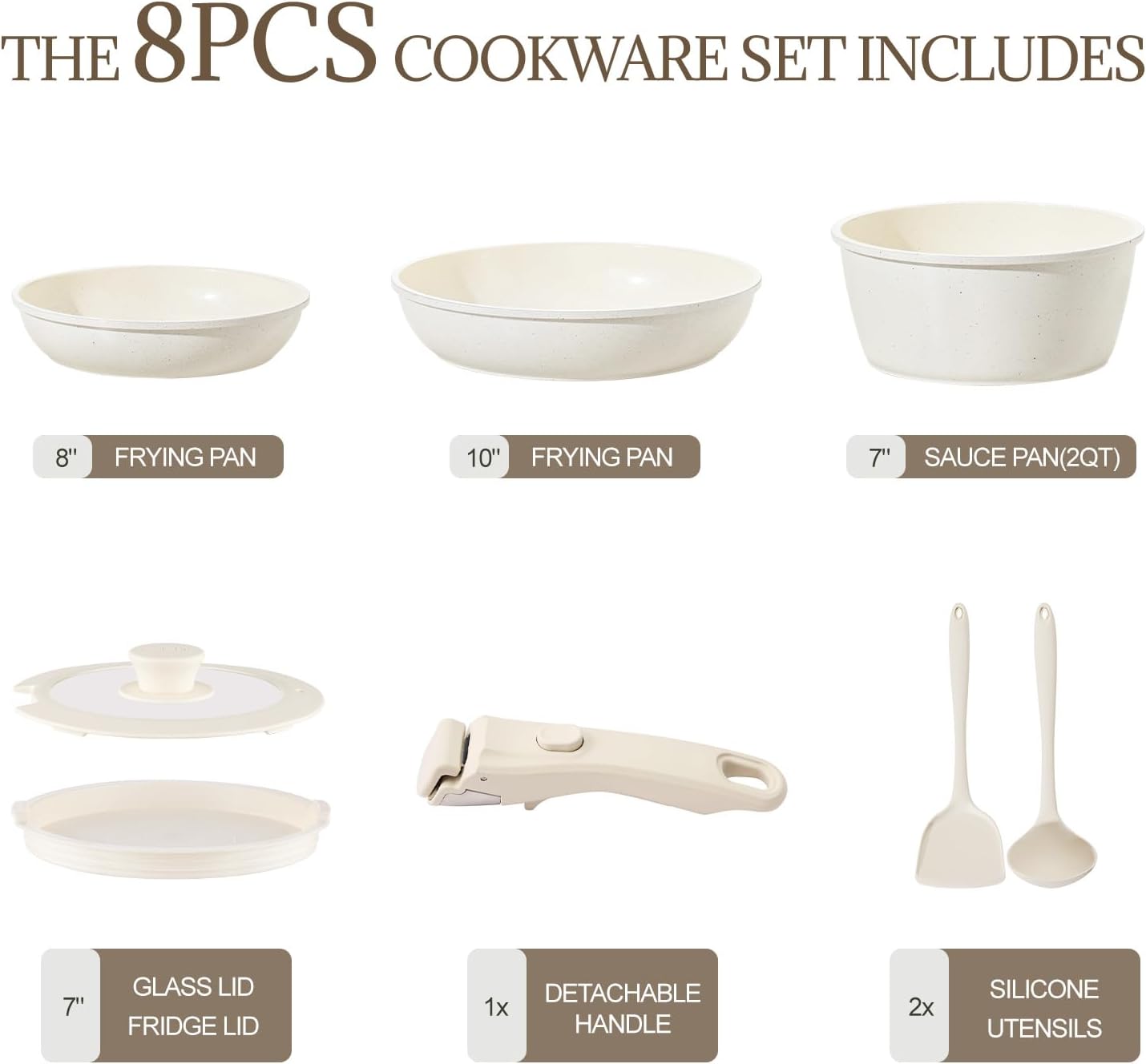 Ceramic Cookware Set Non Stick 8Pcs Pots and Pans Set Detachable Handle Induction Kitchen Cooking Set with Frying Pans Oven Dishwasher Safe, PFAS/PFOA Free, Cream White - Image 2