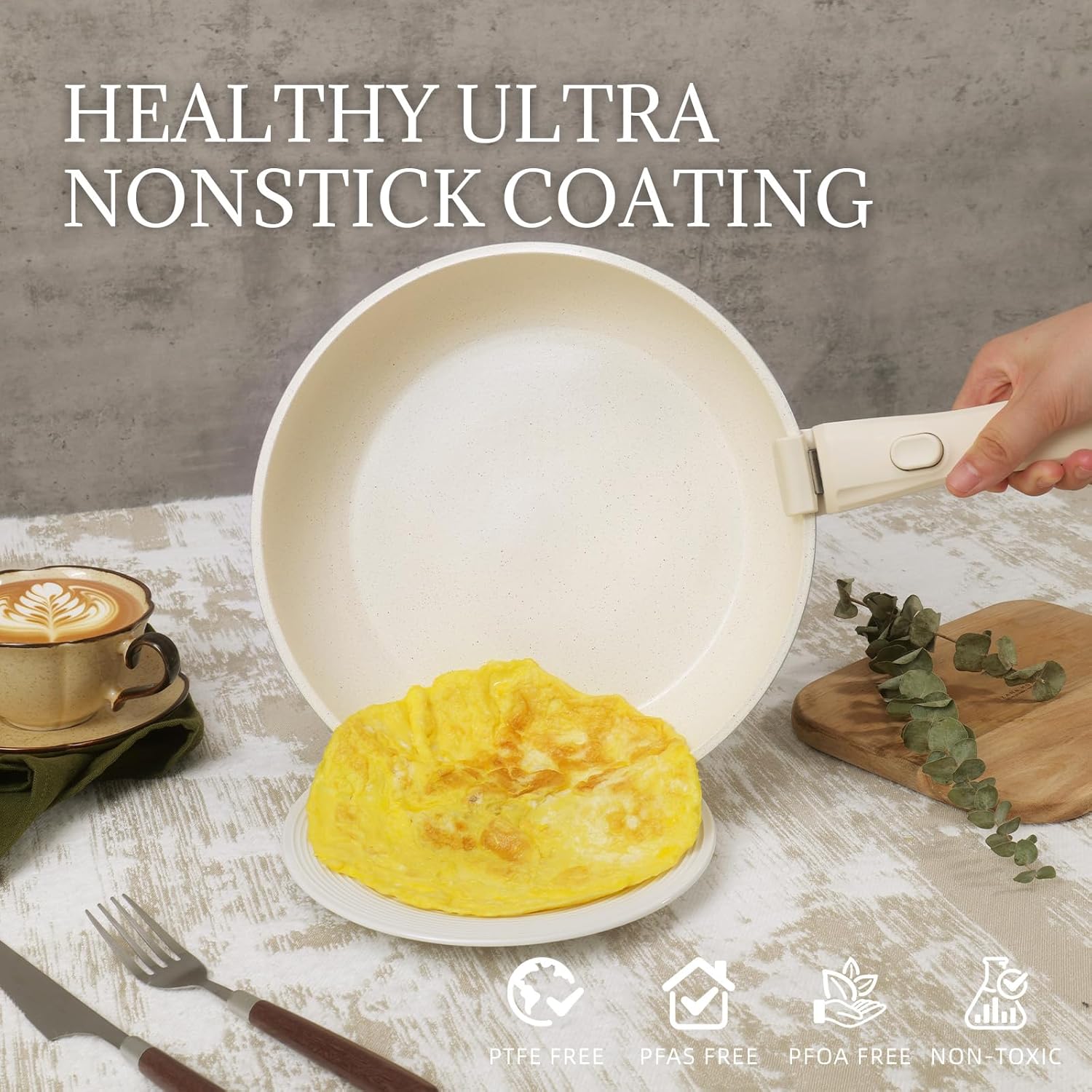 Ceramic Cookware Set Non Stick 8Pcs Pots and Pans Set Detachable Handle Induction Kitchen Cooking Set with Frying Pans Oven Dishwasher Safe, PFAS/PFOA Free, Cream White - Image 3