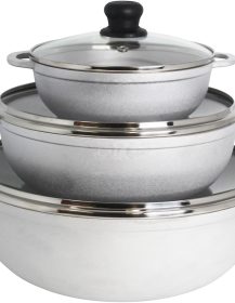 IMUSA Caldero Stock Pot with Glass Lid 3pc Set, 1.5/3.5/7 QT, Cast Aluminum, Perfect for Serving Large & Small Groups, Riveted Handles, Made in Colombia, Silver