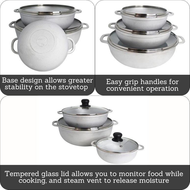 IMUSA Caldero Stock Pot with Glass Lid 3pc Set, 1.5/3.5/7 QT, Cast Aluminum, Perfect for Serving Large & Small Groups, Riveted Handles, Made in Colombia, Silver - Image 3