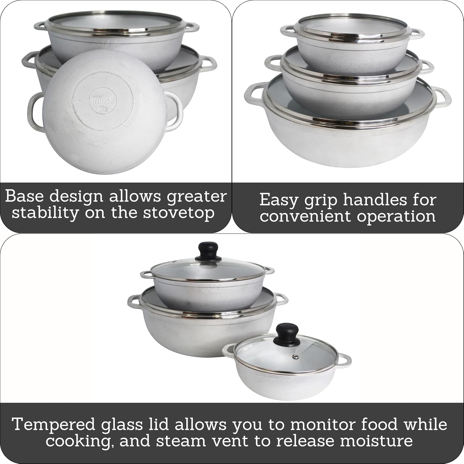 IMUSA Caldero Stock Pot with Glass Lid 3pc Set, 1.5/3.5/7 QT, Cast Aluminum, Perfect for Serving Large & Small Groups, Riveted Handles, Made in Colombia, Silver - Image 3
