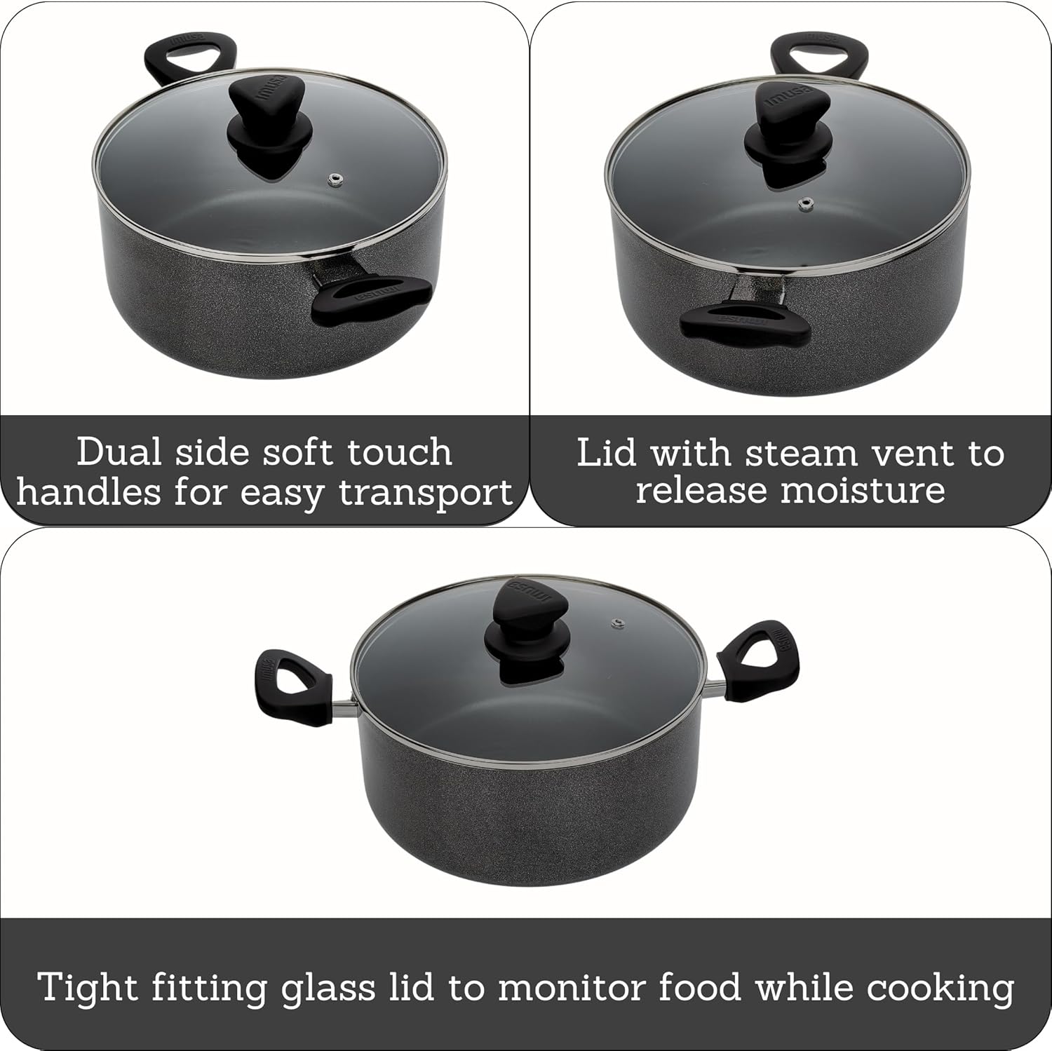 IMUSA USA IMU-91635 Nonstick Stock Pot with Glass Lid 4.8-Quart, Charcoal - Image 2