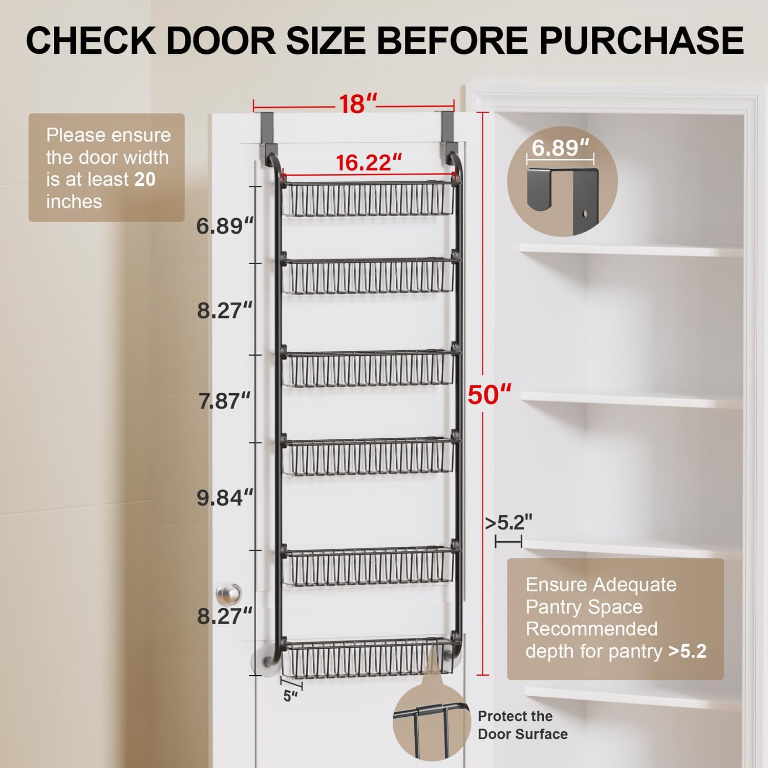 Over the Door Heavy-Duty Metal Organizer, 6-Tier Door Storage for Pantry, Easy Install, D4.65xW18xH50inch, Black - Image 2