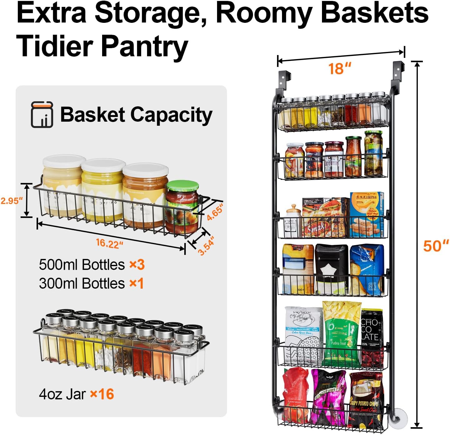 Over the Door Heavy-Duty Metal Organizer, 6-Tier Door Storage for Pantry, Easy Install, D4.65xW18xH50inch, Black - Image 3