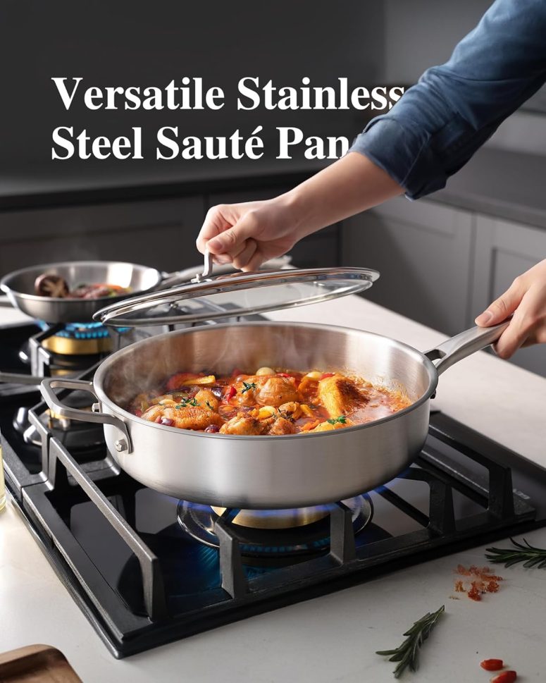 Saute Pan,7 Quart Saute pan,Stainless Steel Cookware,skillet,12.5 inch Stainless Steel Saute Pans with Lid,Dishwasher and Oven Safe, Works on All Cooktops - Image 2
