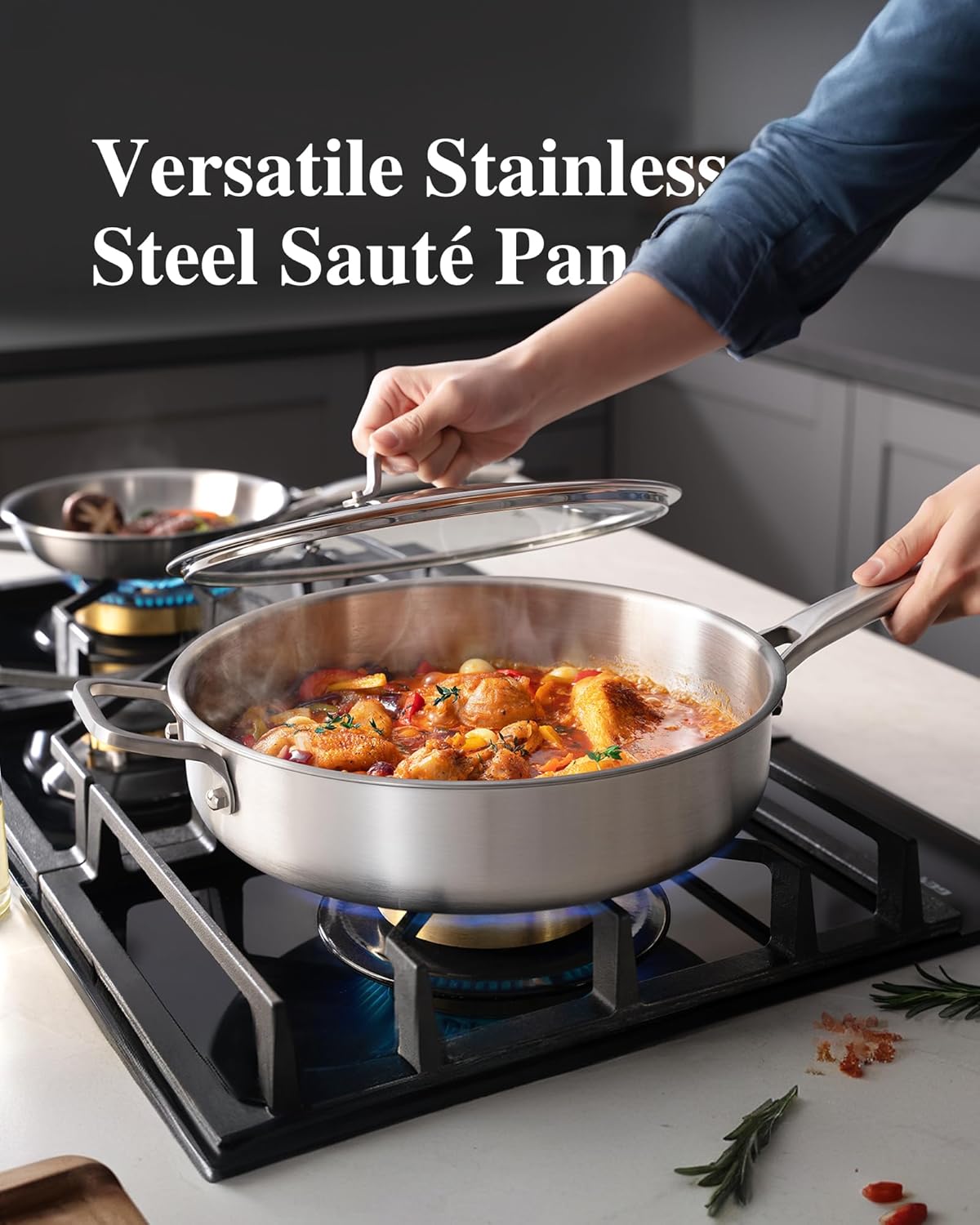 Saute Pan,7 Quart Saute pan,Stainless Steel Cookware,skillet,12.5 inch Stainless Steel Saute Pans with Lid,Dishwasher and Oven Safe, Works on All Cooktops - Image 2