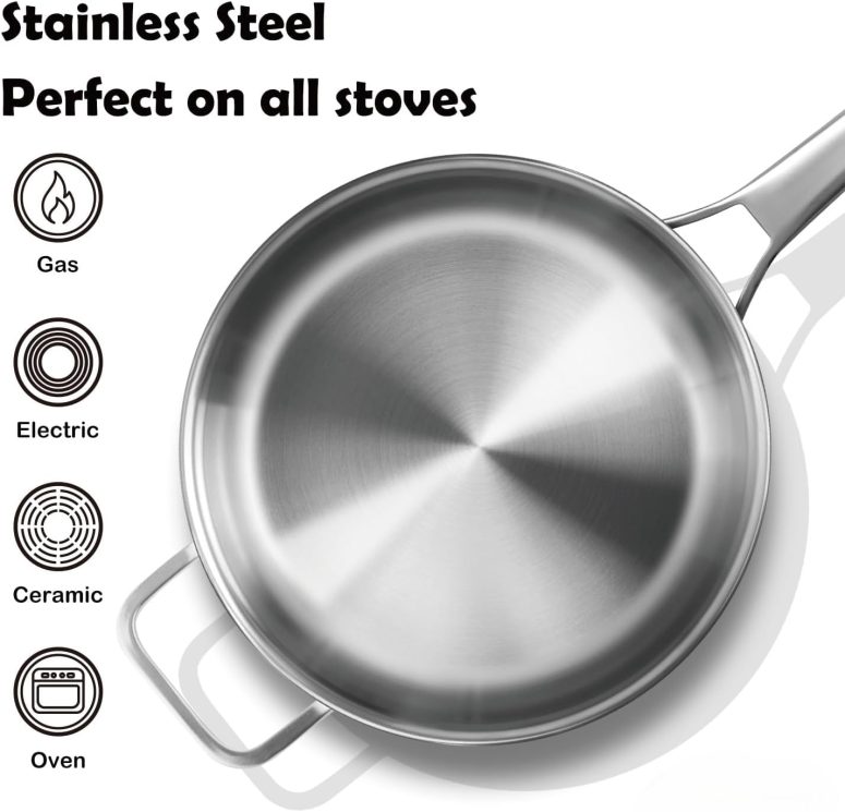 Saute Pan,7 Quart Saute pan,Stainless Steel Cookware,skillet,12.5 inch Stainless Steel Saute Pans with Lid,Dishwasher and Oven Safe, Works on All Cooktops - Image 4