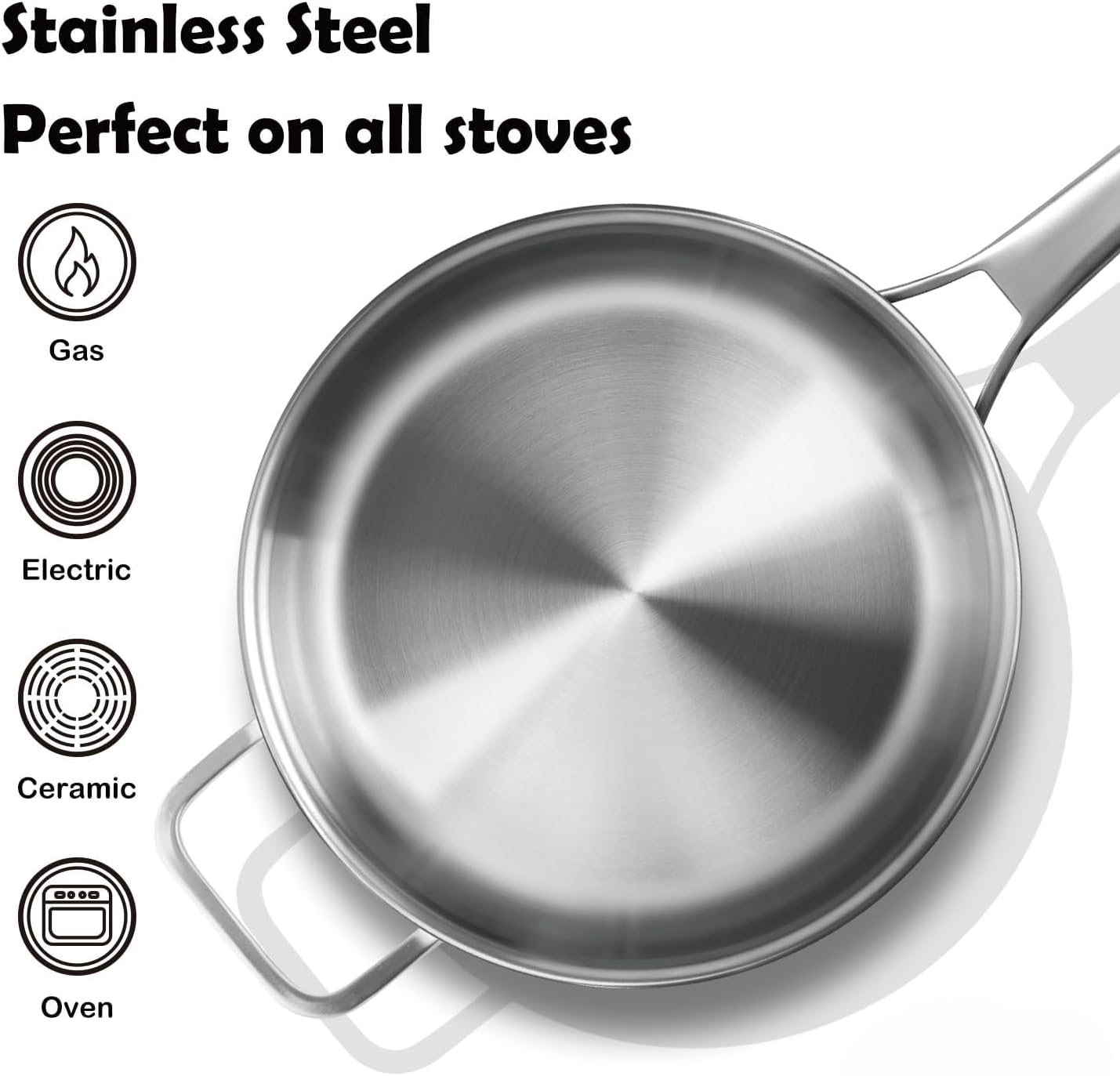 Saute Pan,7 Quart Saute pan,Stainless Steel Cookware,skillet,12.5 inch Stainless Steel Saute Pans with Lid,Dishwasher and Oven Safe, Works on All Cooktops - Image 4